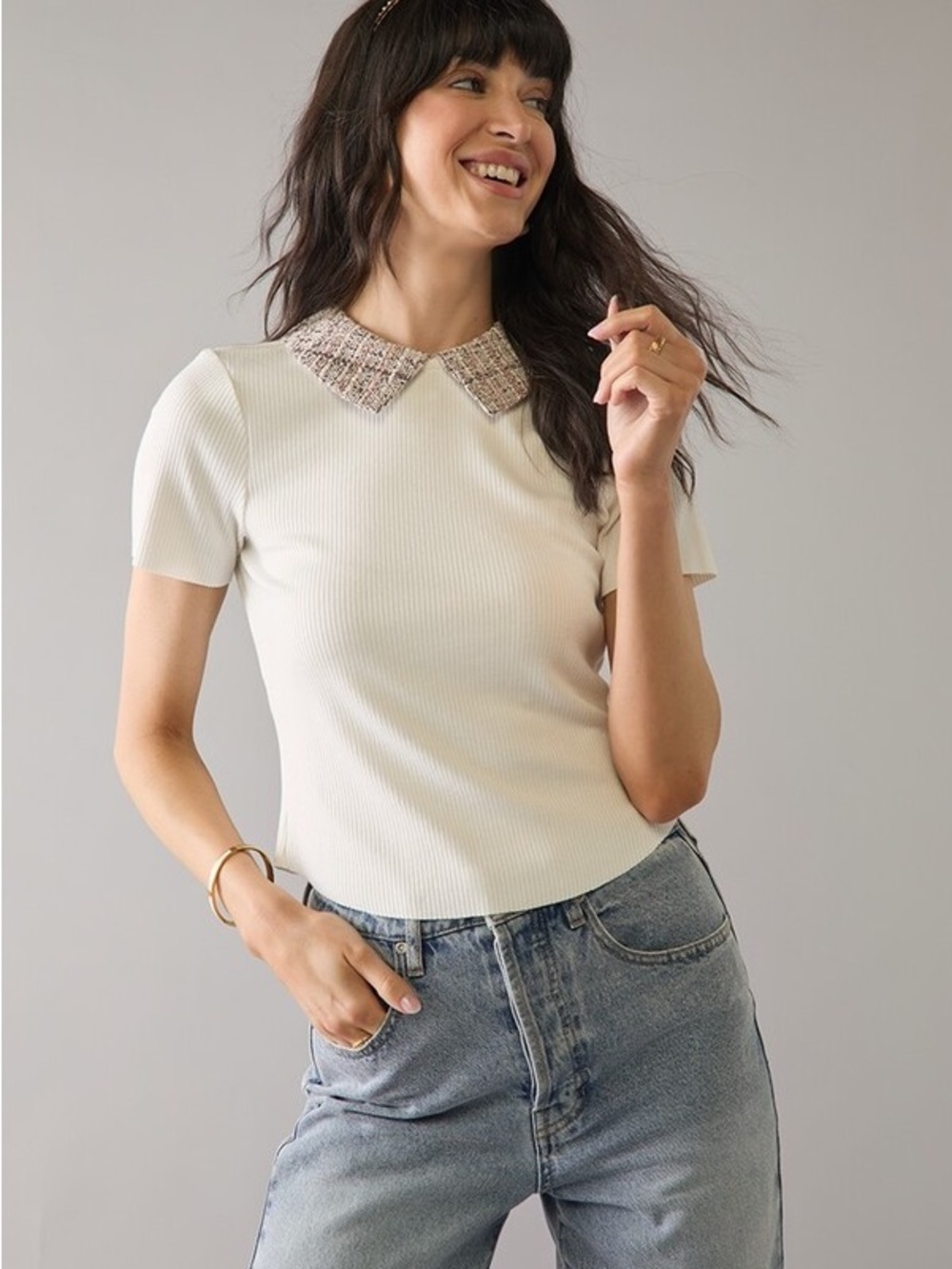 Blue Rain by Francesca’s pink tweed collar cream ribbed top